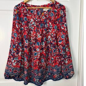 LOFT XL Top Red Blue Floral Print Popover Prairie Blouse Button Boho Long Sleeve
